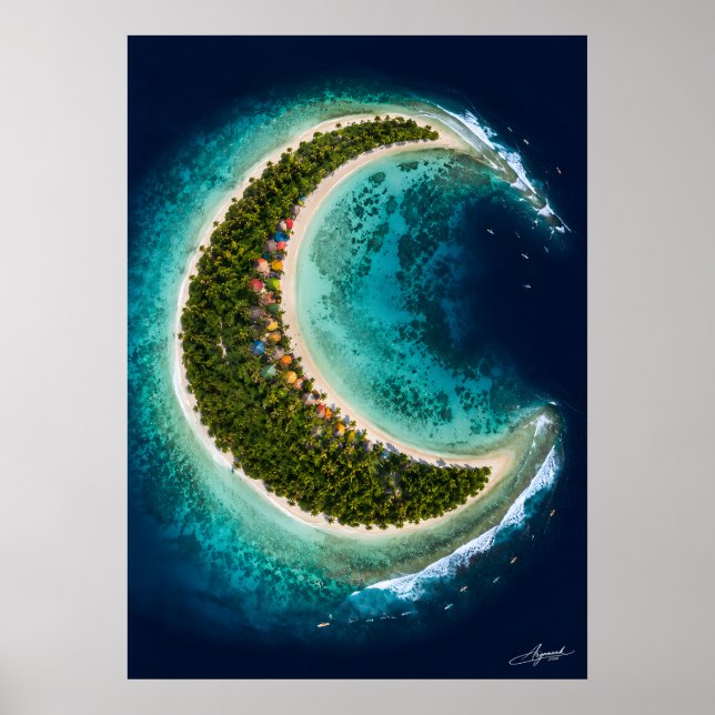 Crescent Moon Island with Surfers Satellite View Poster (Front)