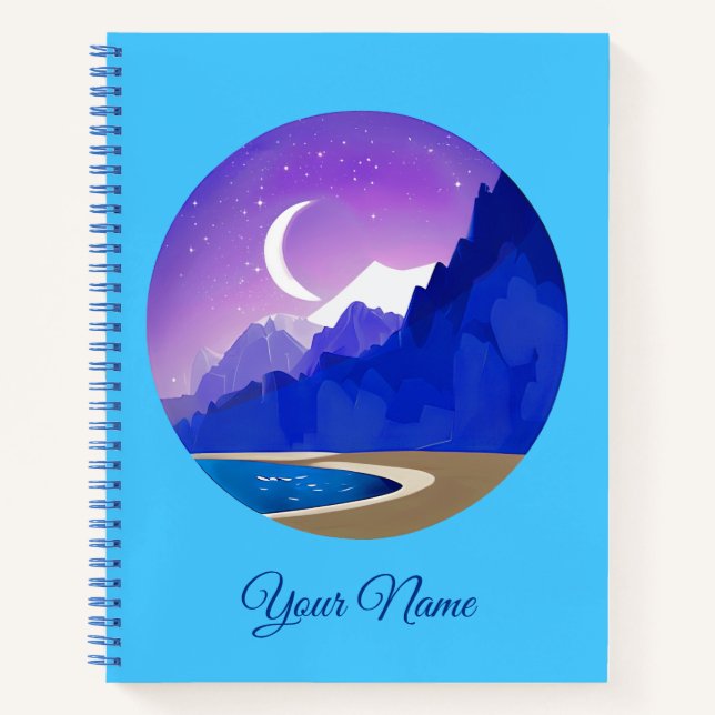 Crescent Moon, Lake and Mountains in Violet & Blue Notebook (Front)