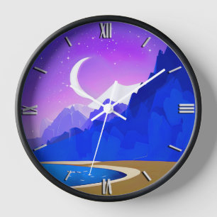 Crescent Moon, Lake & Mountains in Violet & Blue Clock
