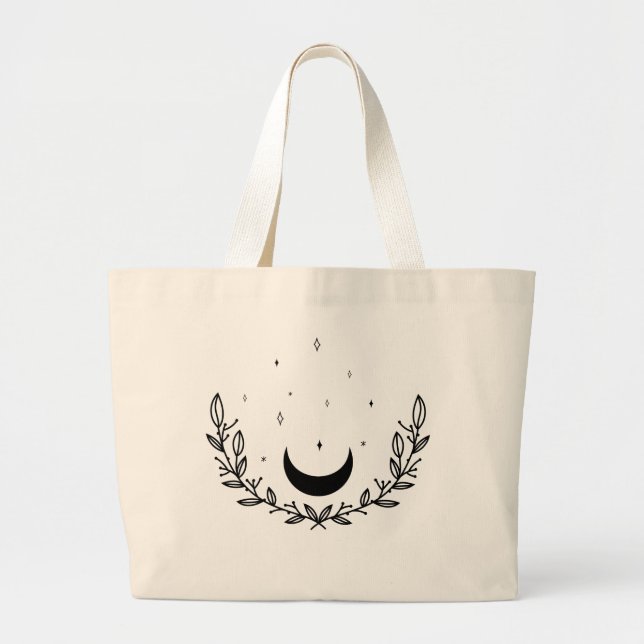 Crescent Moon & Leaves Boho Line Art Large Tote Bag (Front)