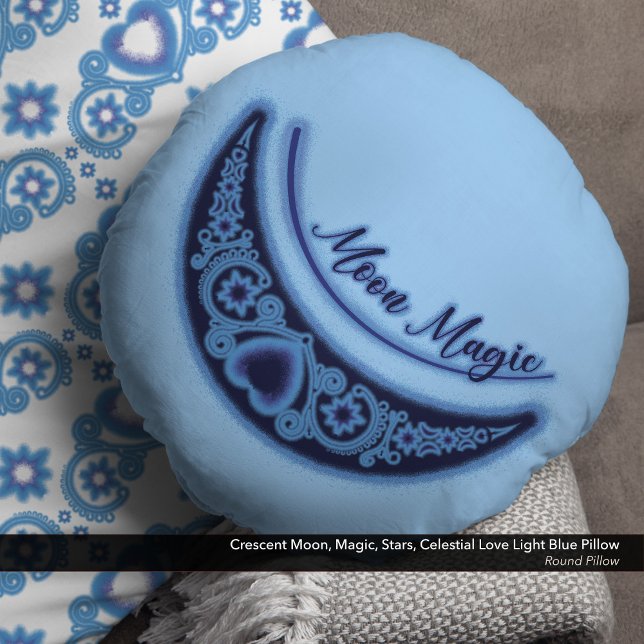 Crescent Moon Magic Stars Celestial Light Blue Round Cushion (Crescent Moon, Magic, Stars, Celestial Love Light Blue Round Pillow)