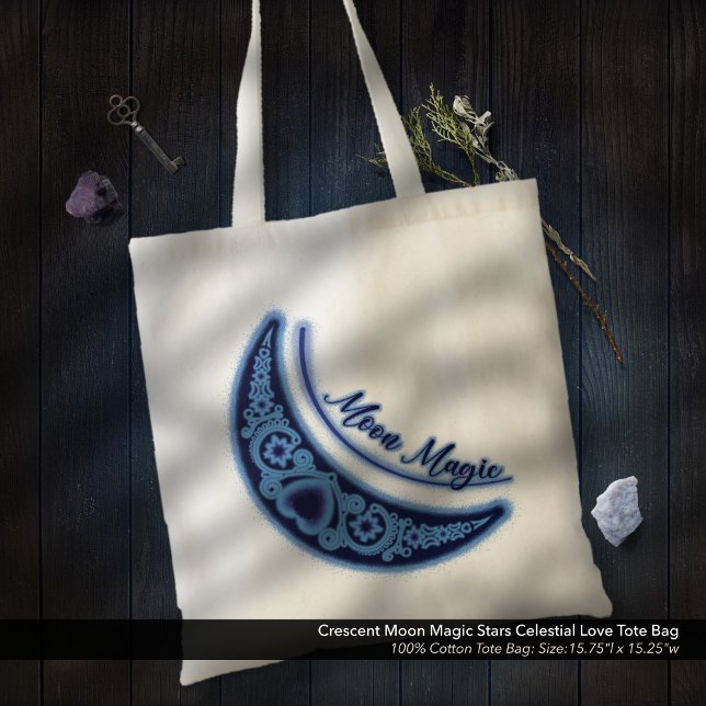 Crescent Moon Magic Stars Celestial Love Tote Bag (Moon Magic Tote Bag: Crescent Moon with Stars and Heart Design Celestial Love)