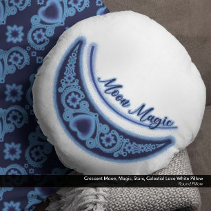 Crescent Moon Magic Stars Celestial White Round Cushion