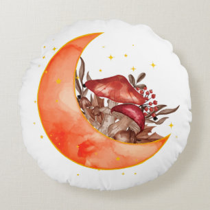 Crescent Moon Mushroom Cottagecore Fungi Mycology Round Cushion