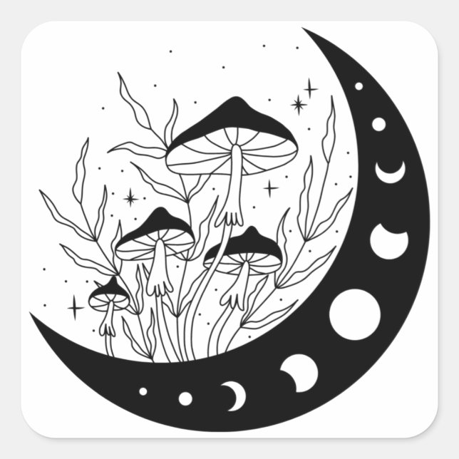 Crescent Moon & Mushrooms Square Sticker (Front)