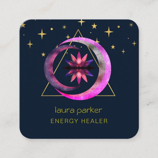 Crescent Moon Mystic Lotus Flower Healing Energy Square Business Card (Front)