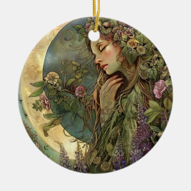 Crescent Moon Ostara  Ceramic Tree Decoration (Front)