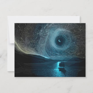 Crescent moon over a sailing ship, rocky coast postcard