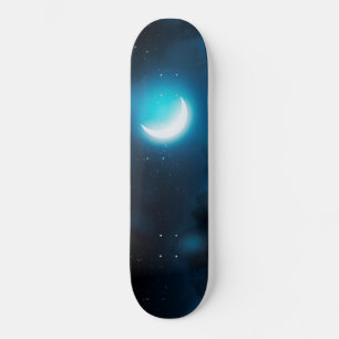 Crescent moon over forest river skateboard
