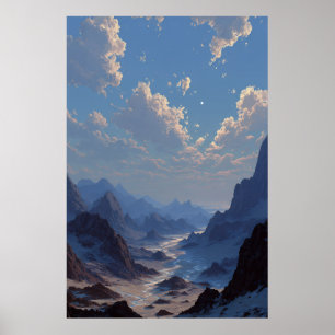 Crescent Moon Over Misty Mountain Valley Poster