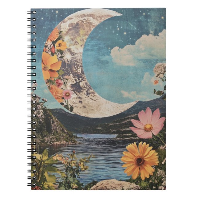 Crescent Moon Over Serene Landscape Notebook (Front)