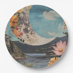 Crescent Moon Over Serene Landscape Paper Plate
