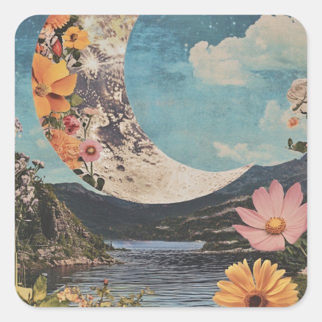 Crescent Moon Over Serene Landscape Square Sticker (Front)