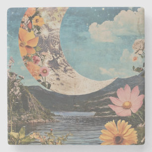 Crescent Moon Over Serene Landscape Stone Coaster
