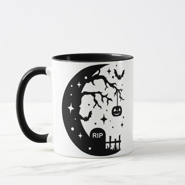 Crescent Moon RIP Bat Pumpkin Halloween Mug (Left)