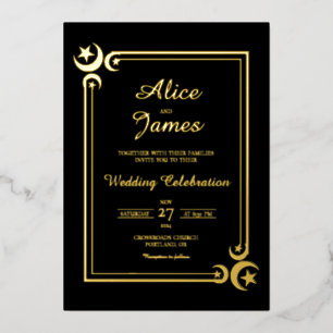 Crescent Moon Star Elegant Black Gold Foil Wedding
