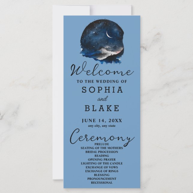 Crescent Moon Starlit Sky Blue Wedding Program (Front)