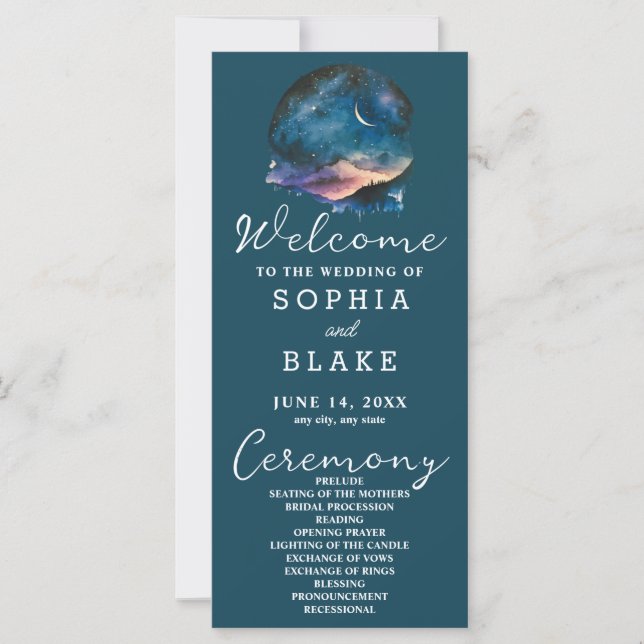 Crescent Moon Starlit Sky Blue Wedding Program (Front)