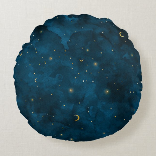 Crescent Moon Starry Night Celestial Round Cushion (Front)