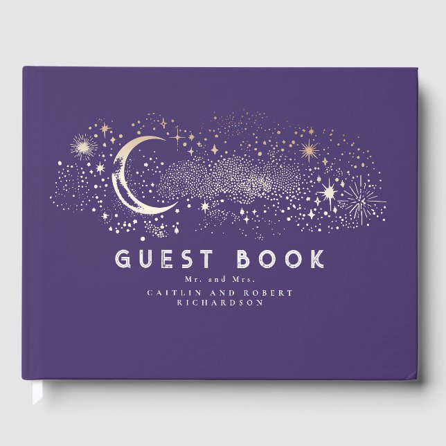 Crescent Moon Starry Night Celestial Wedding Guest Book (Front)
