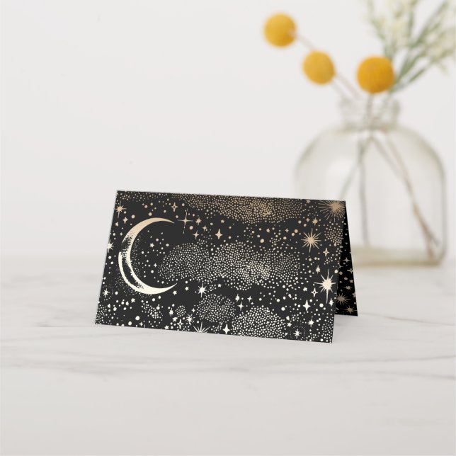 Crescent Moon Starry Night Celestial Wedding Place Card (Back)