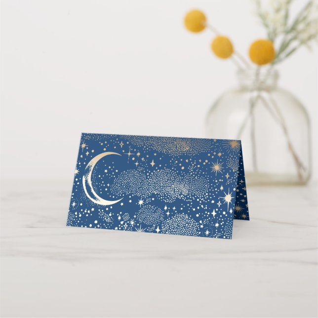 Crescent Moon Starry Night Celestial Wedding Place Card (Back)
