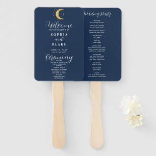 Crescent Moon Starry Night Navy Wedding Program Hand Fan