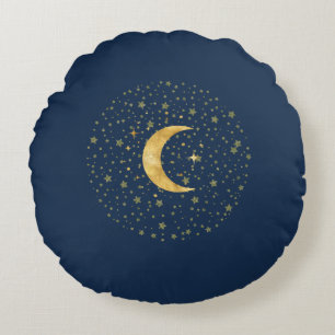 Crescent Moon Starry Night  Round Cushion