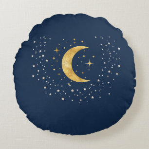 Crescent Moon Starry Night  Round Cushion