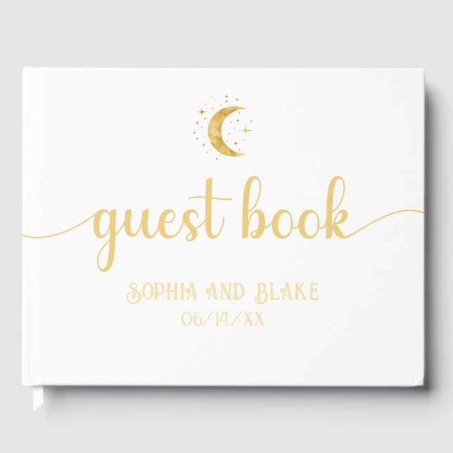 Crescent Moon Starry Night White Wedding Guest Book (Front)