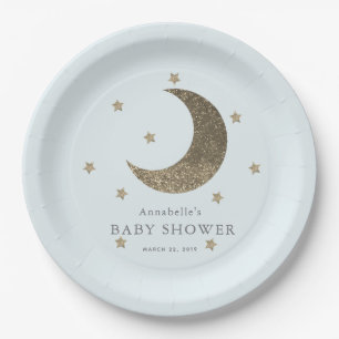 Crescent Moon & Stars Blue Baby Shower Paper Plate