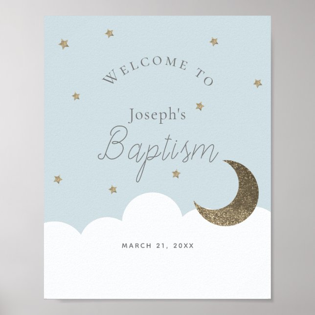 Crescent Moon Stars Blue Boy Baptism Welcome Sign (Front)