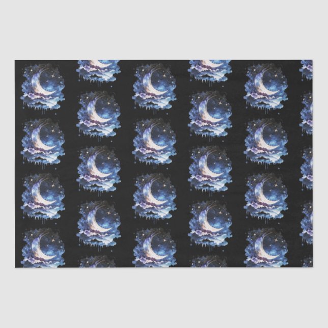 Crescent Moon Stars Celestial Black Halloween Tissue Paper (Front)