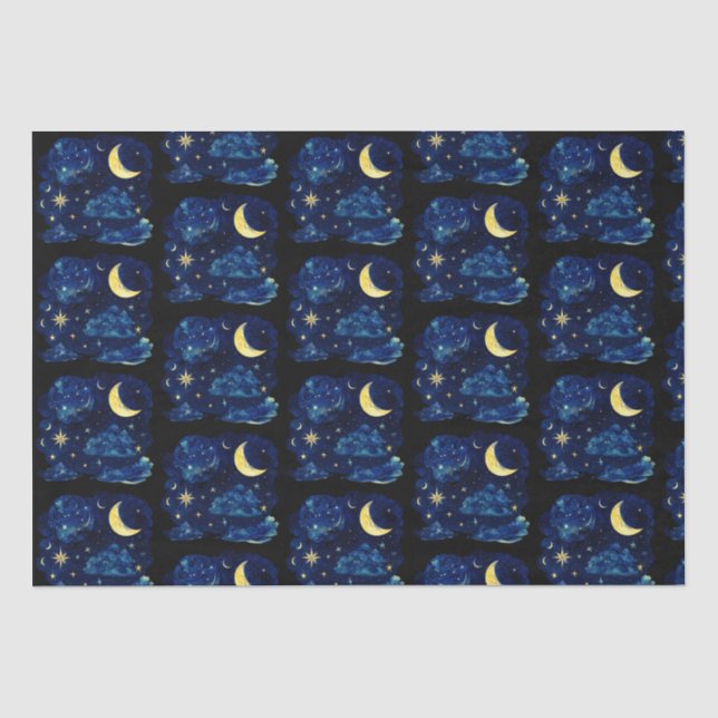 Crescent Moon Stars Celestial Black Halloween Tissue Paper (Front)