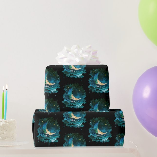 Crescent Moon Stars Celestial Black Halloween Wrapping Paper (Party Gifts)