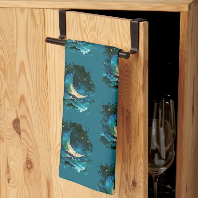 Crescent Moon Stars Celestial Blue Halloween Tea Towel (Thirds Fold)