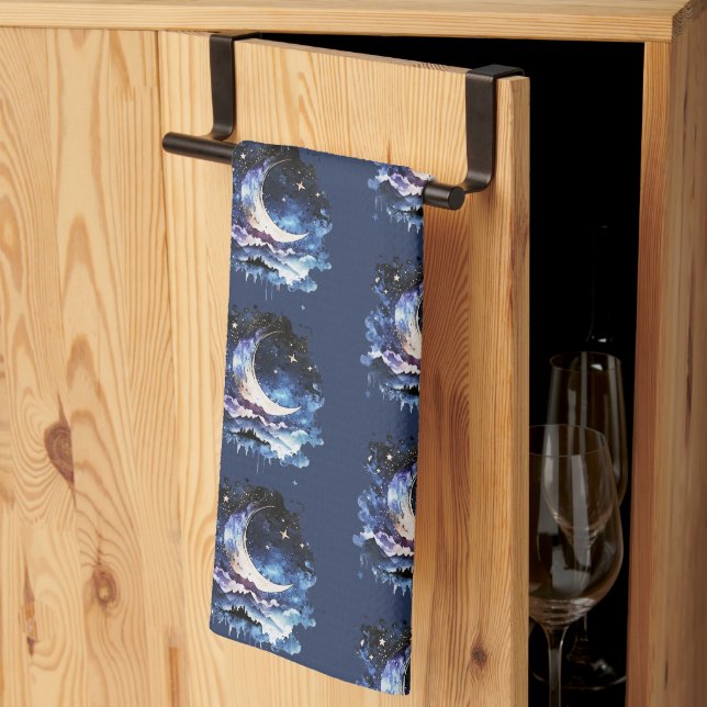 Crescent Moon Stars Celestial Blue Halloween Tea Towel (Thirds Fold)