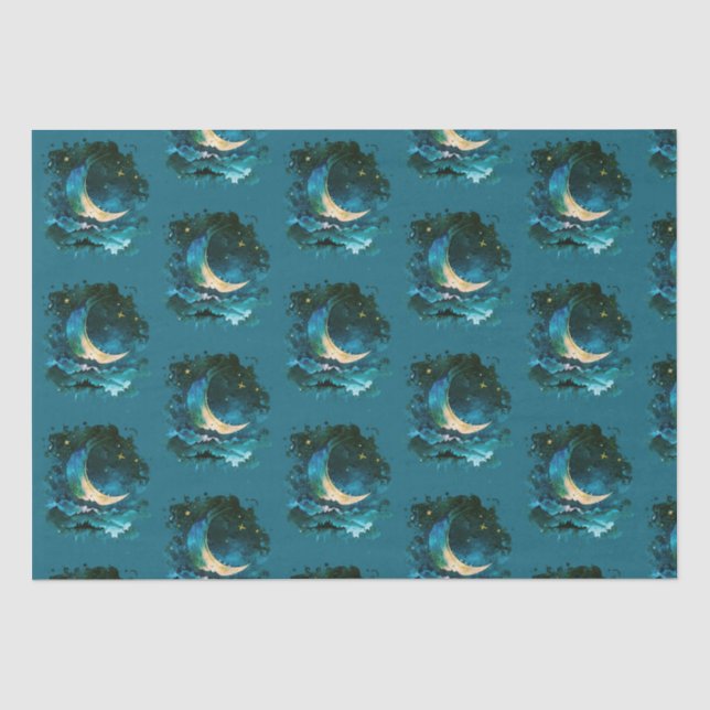 Crescent Moon Stars Celestial Blue Halloween Tissue Paper (Front)