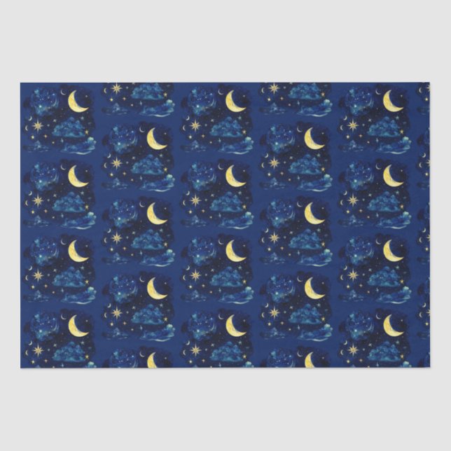 Crescent Moon Stars Celestial Blue Halloween Tissue Paper (Front)