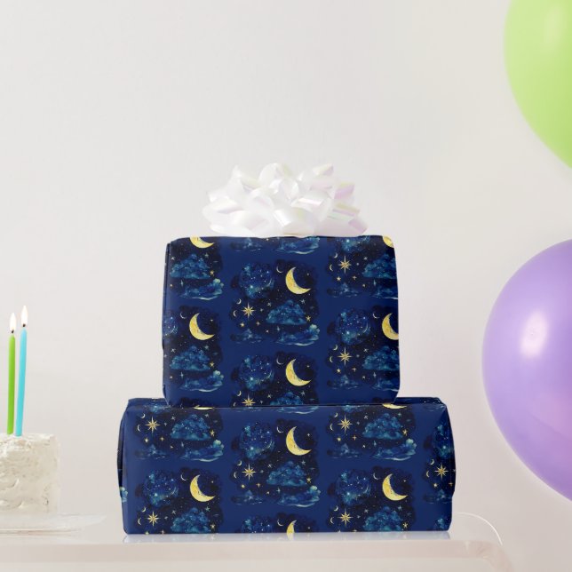 Crescent Moon Stars Celestial Blue Halloween Wrapping Paper (Party Gifts)