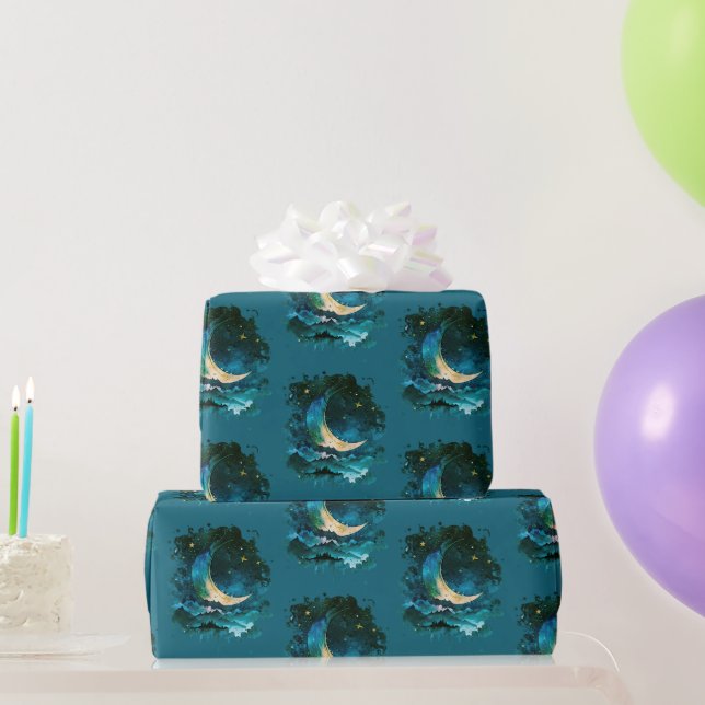 Crescent Moon Stars Celestial Blue Halloween Wrapping Paper (Party Gifts)