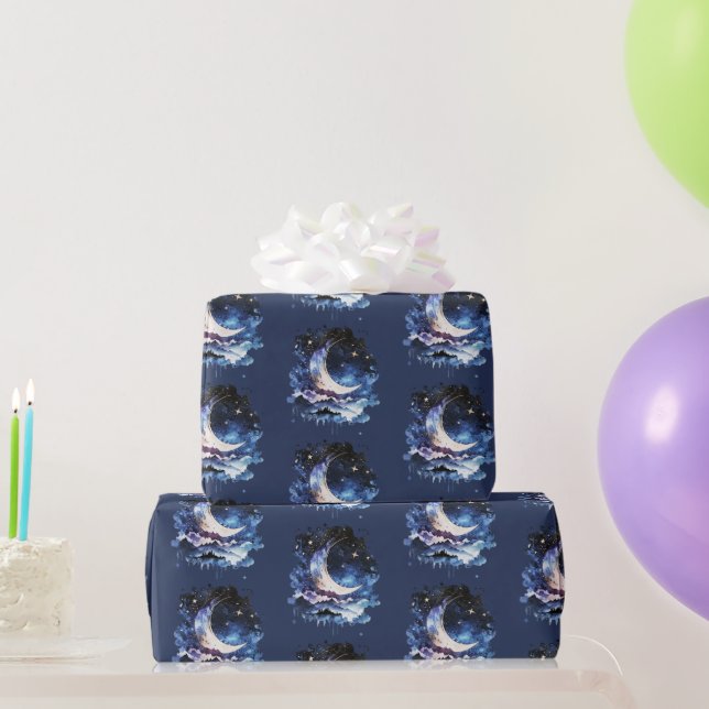 Crescent Moon Stars Celestial Blue Halloween Wrapping Paper (Party Gifts)