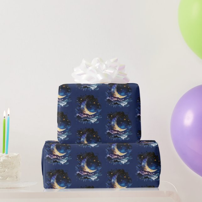 Crescent Moon Stars Celestial Blue Halloween Wrapping Paper (Party Gifts)