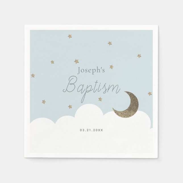 Crescent Moon & Stars Light Blue Boy Baptism Napkin (Front)