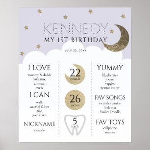 Crescent Moon & Stars Lilac 1st Birthday Milestone Poster