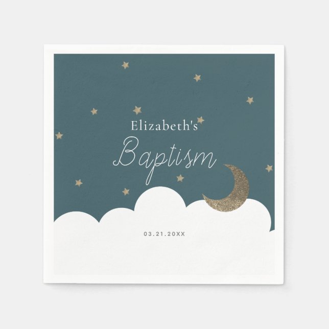 Crescent Moon & Stars Navy Blue Baptism Napkins (Front)