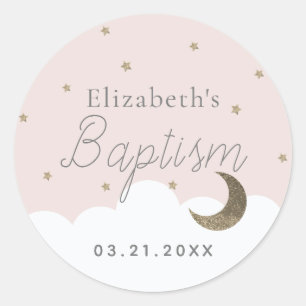 Crescent Moon & Stars Pink Girl Baptism Classic Round Sticker