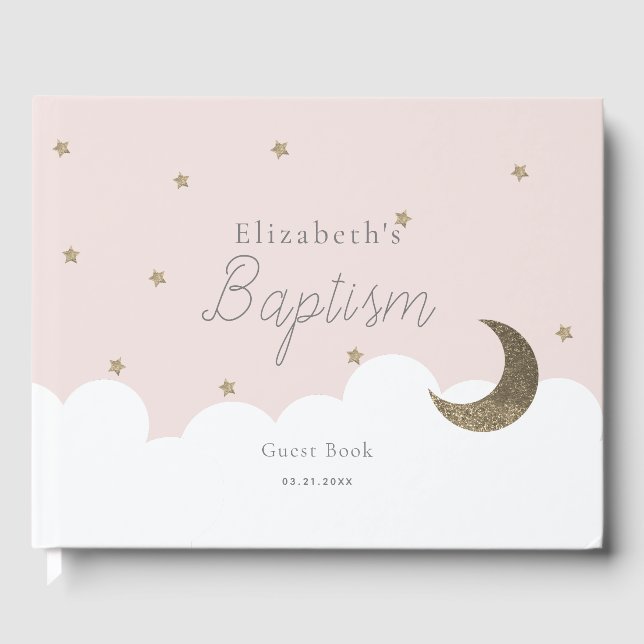 Crescent Moon & Stars Pink Girl Baptism Guest Book (Front)