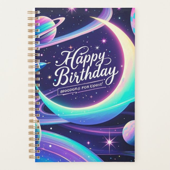 Crescent moon, stars, planets Galaxy-themed Planner (Front)