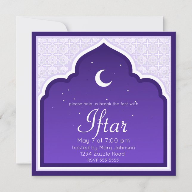 Crescent Moon & Stars Ramadan, purple, grey Invitation (Front)